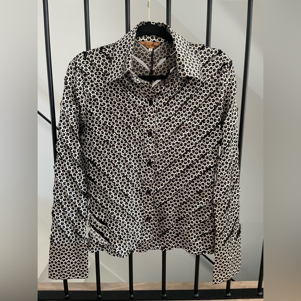 Vintage Eva Varro Black White Geometric Print Button-Up Blouse | Size S